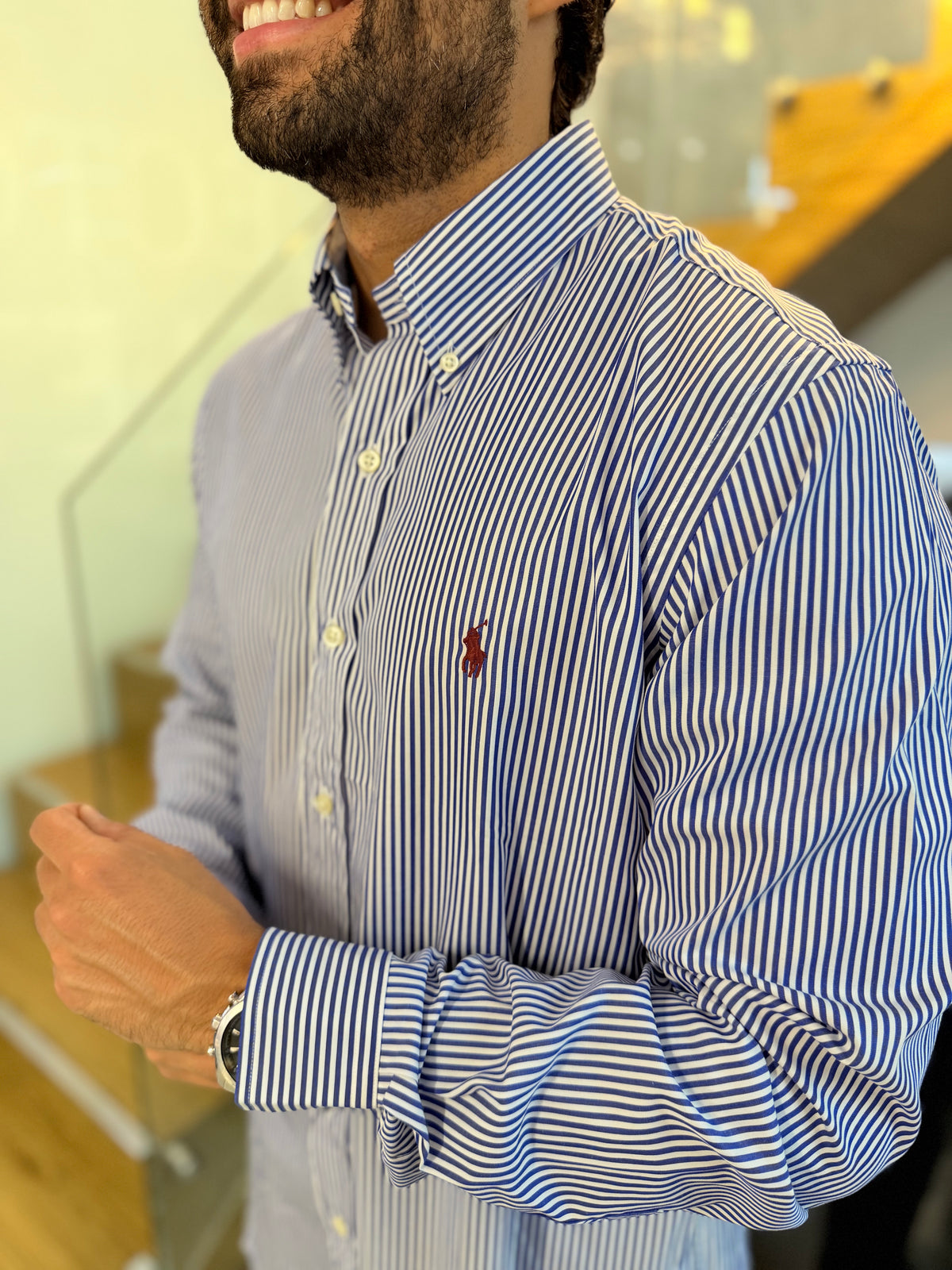 Camisa Polo R.L hombre Algodón Rayas Azules Con Blanco Caballo Rojo