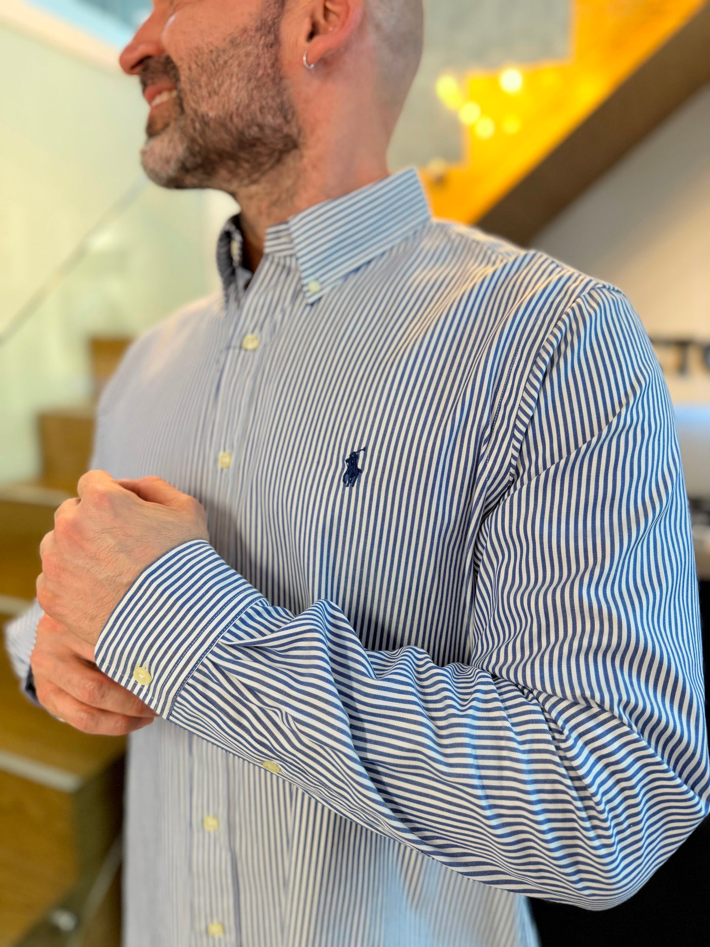Camisa Polo R.L hombre Algodón Rayas Azules Con Blanco Caballo Azul