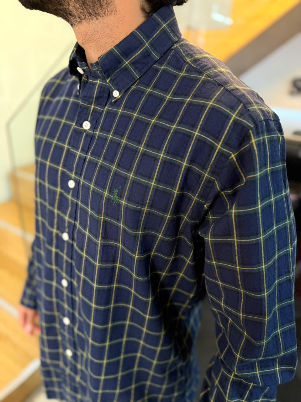 Camisa Polo R.L hombre Oxford Cuadros Azules Con Verde Caballo Verde