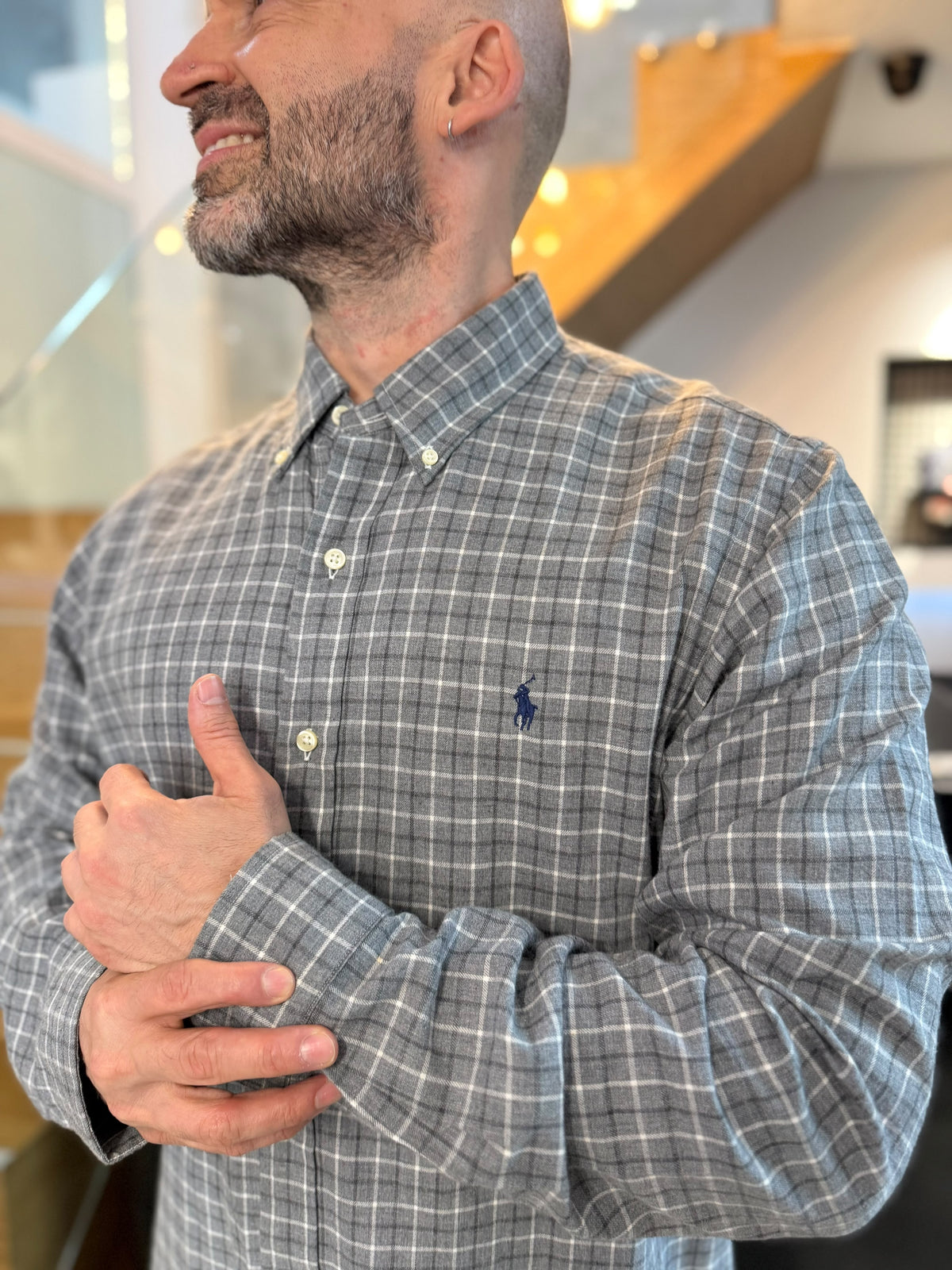 Camisa Polo R.L hombre Algodón Cuadros Grises Con Blanco Caballo Azul