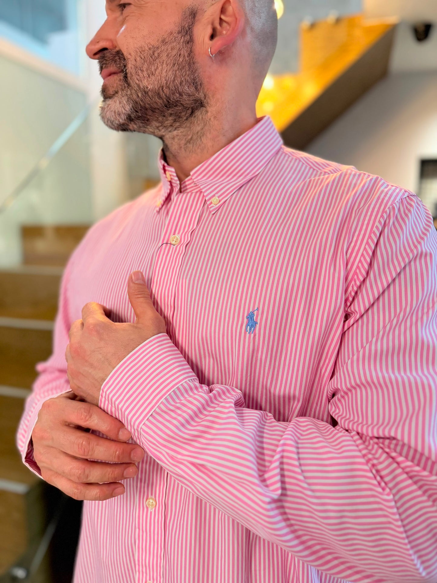 Camisa Polo R.L hombre Algodón Rayas Rosadas Con Blanco Caballo Celeste