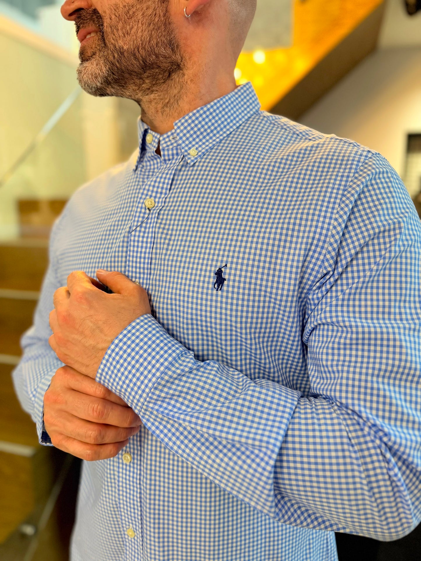 Camisa Polo R.L hombre Algodón Slim Fit Cuadros Celestes Caballo Azul