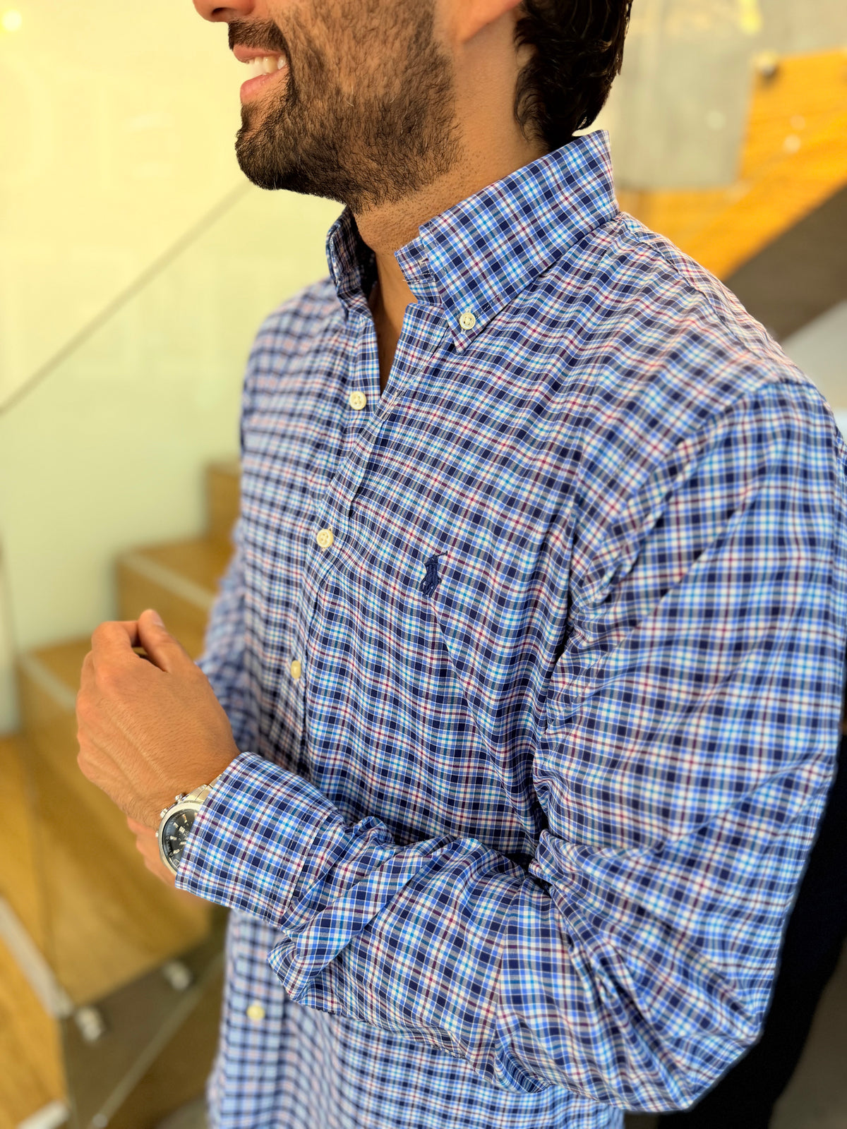 Camisa Polo R.L hombre Algodón Cuadros Azules Caballo Azul