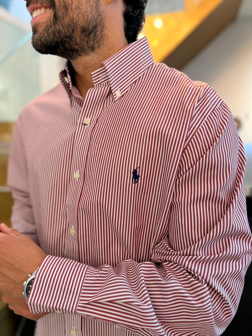 Camisa Polo R.L hombre Algodón Rayas Vinotinto Con Blanco Caballo Azul