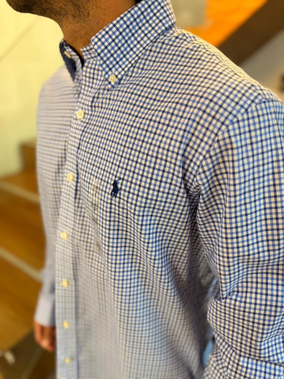 Camisa Polo R.L hombre Algodón Cuadros Azules Caballo Azul