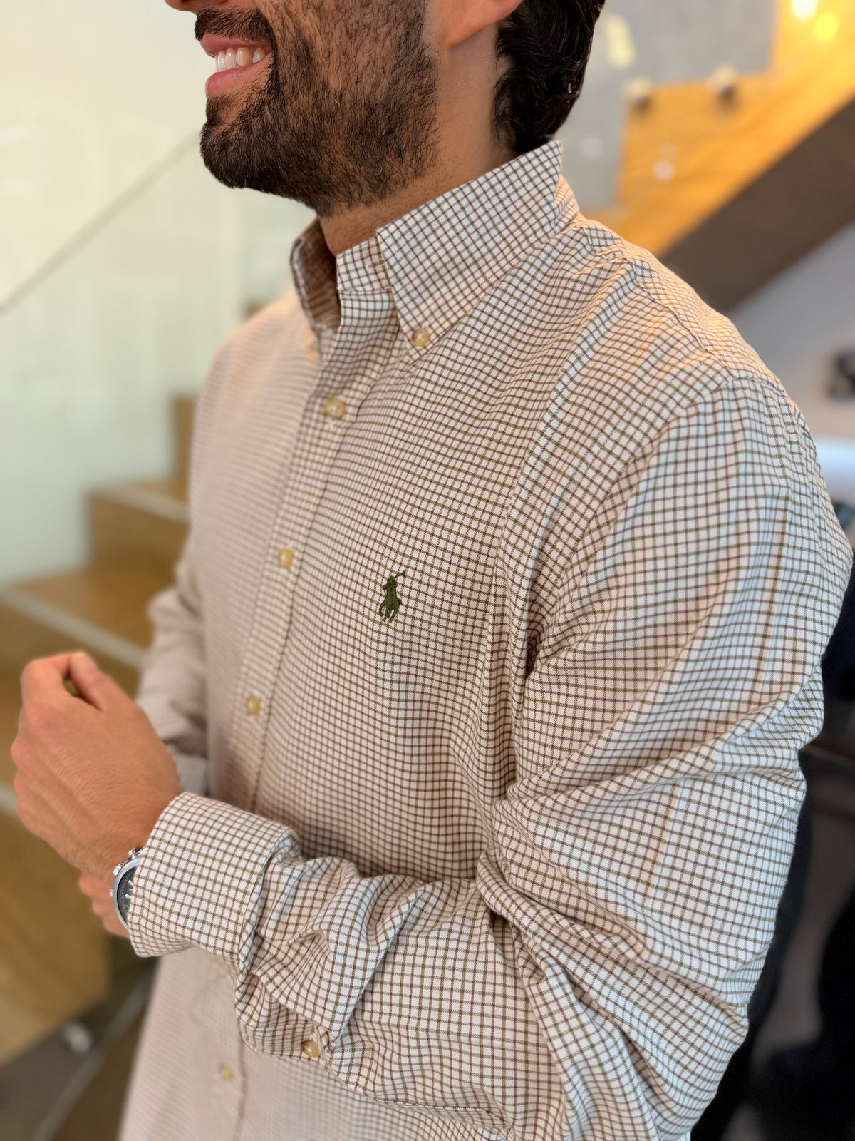 Camisa Polo R.L hombre Algodón Cuadros Blancos Caballo Verde Militar