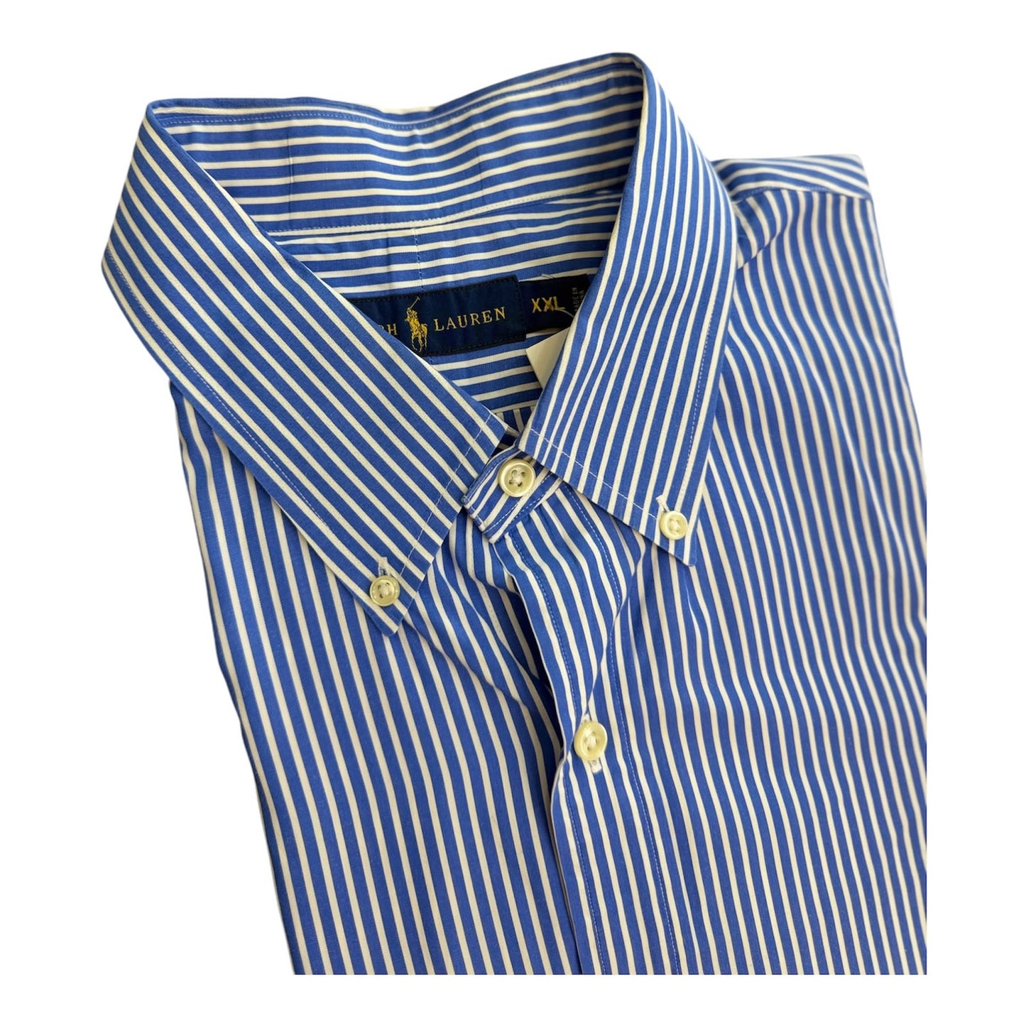 Camisa Polo R.L hombre Algodón Rayas Azules Con Blanco Caballo Amarillo
