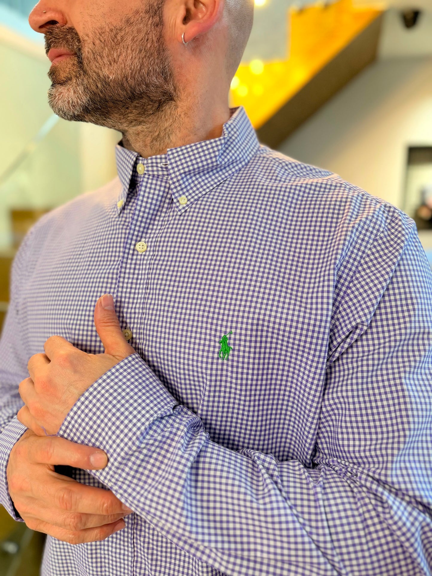 Camisa Polo R.L hombre Algodón Cuadros Morados Con Blanco Caballo Verde