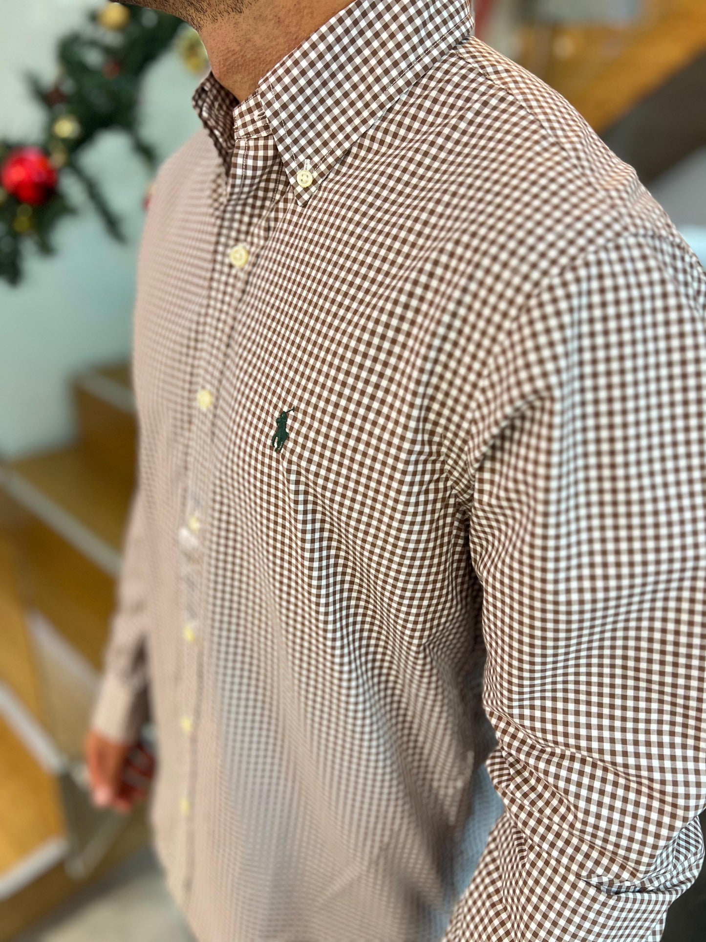 Camisa Polo R.L hombre Algodón Cuadros Café Caballo Verde