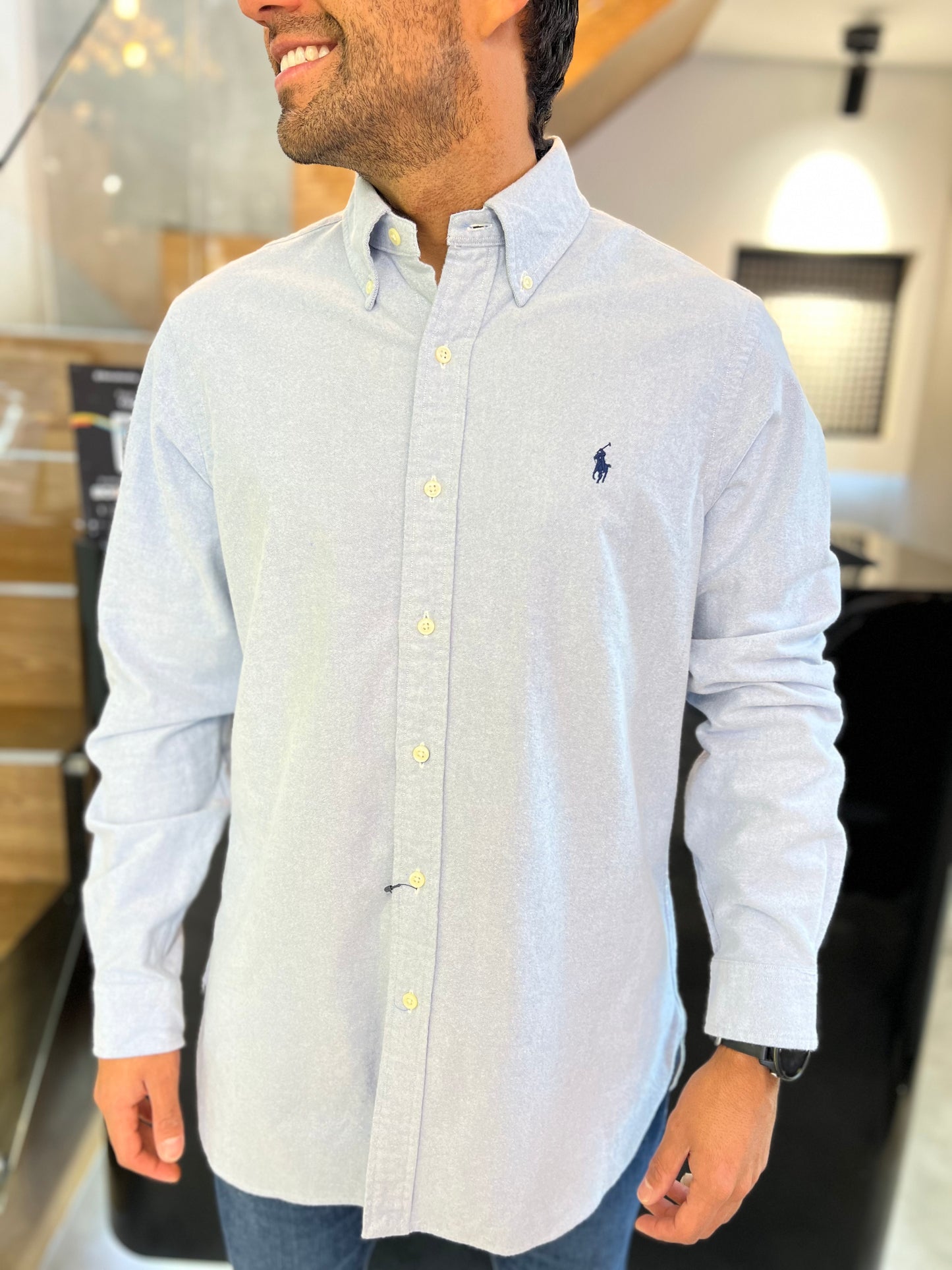 Camisa Polo R.L hombre Oxford Celeste