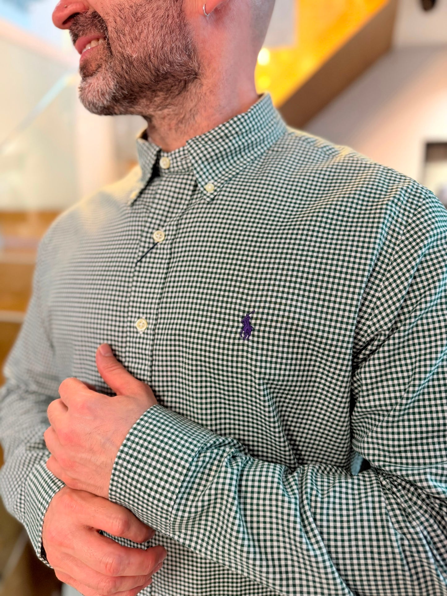 Camisa Polo R.L hombre Algodón Cuadros Verdes Con Blanco Caballo Morado
