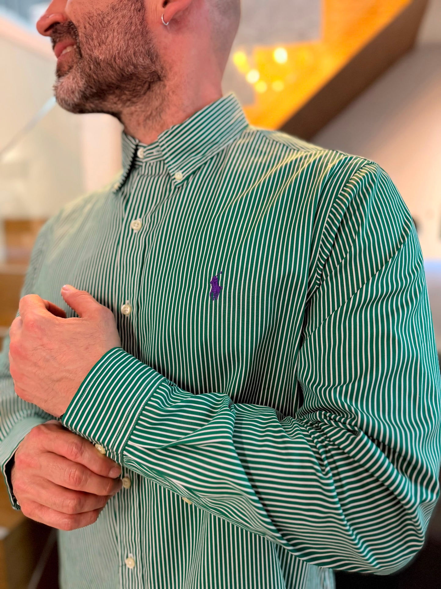 Camisa Polo R.L hombre Algodón Rayas Verdes Caballo Morado