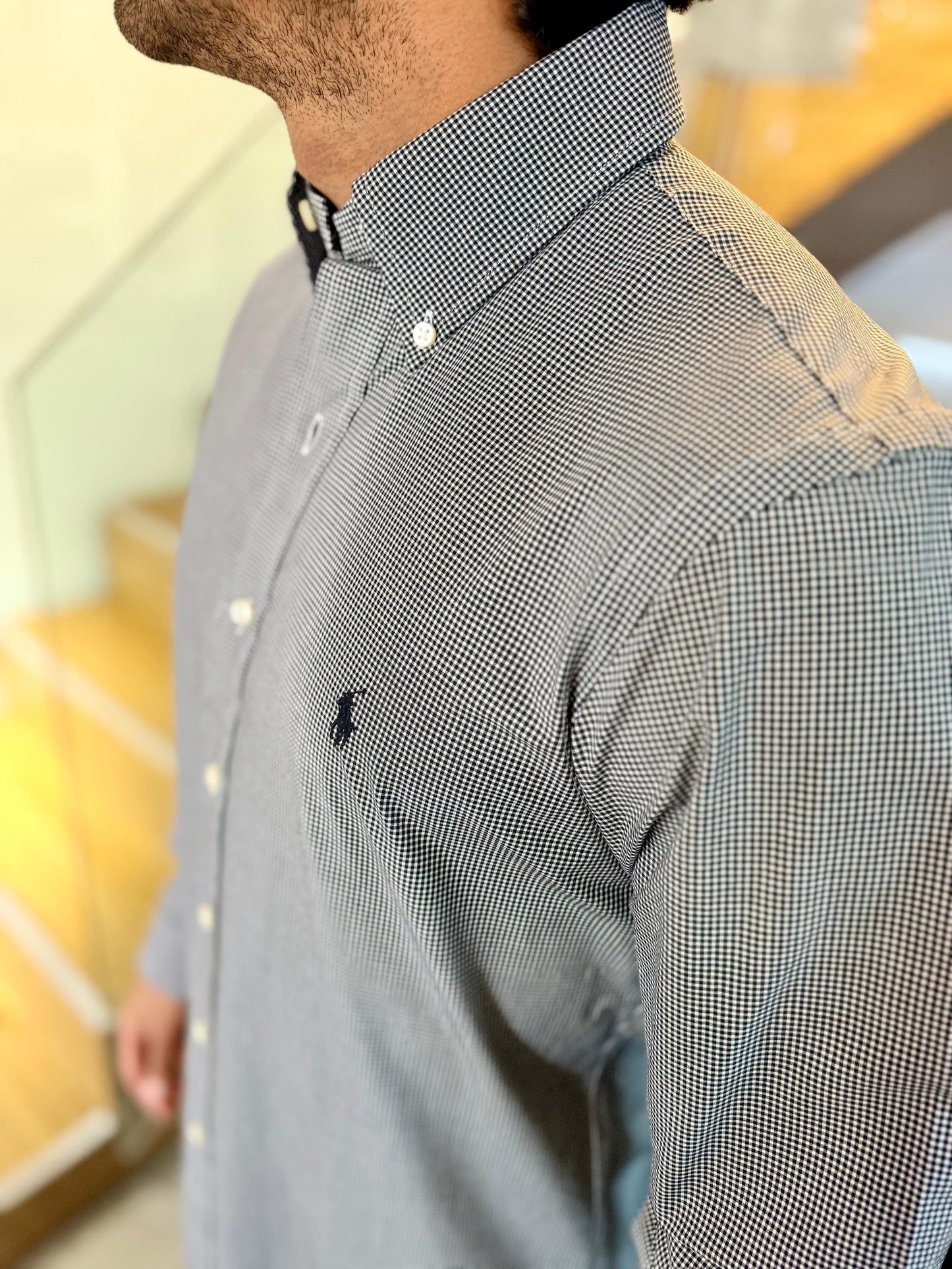 Camisa Polo R.L hombre Algodón Cuadros Negros Con Blanco Caballo Negro