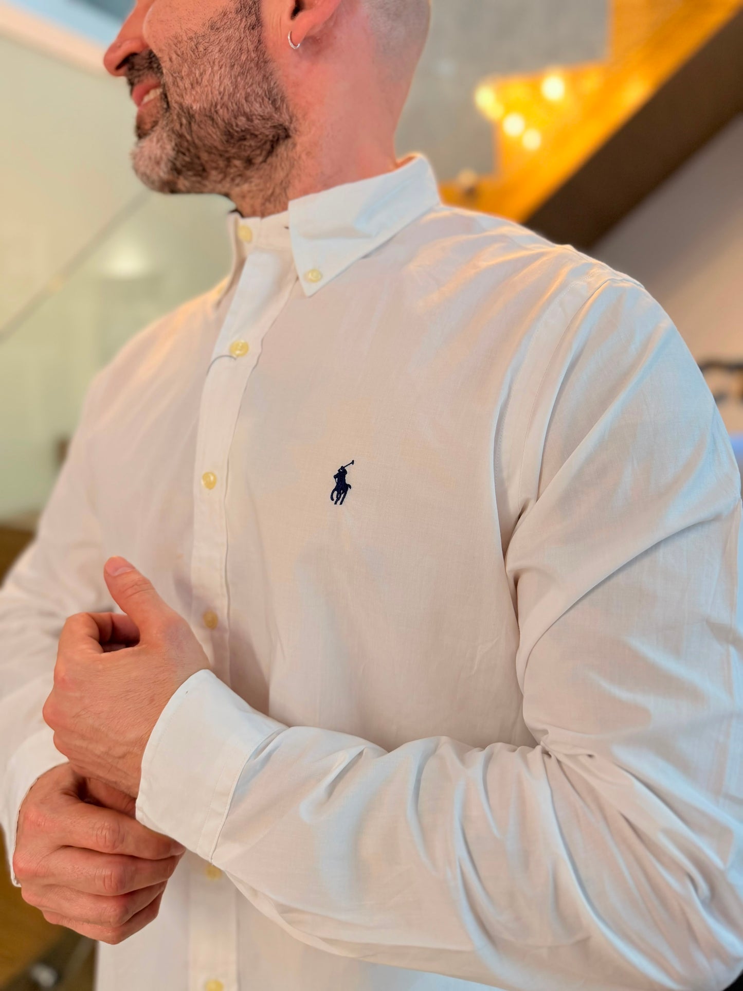 Camisa Polo R.L hombre Algodón Blanca Caballo Azul