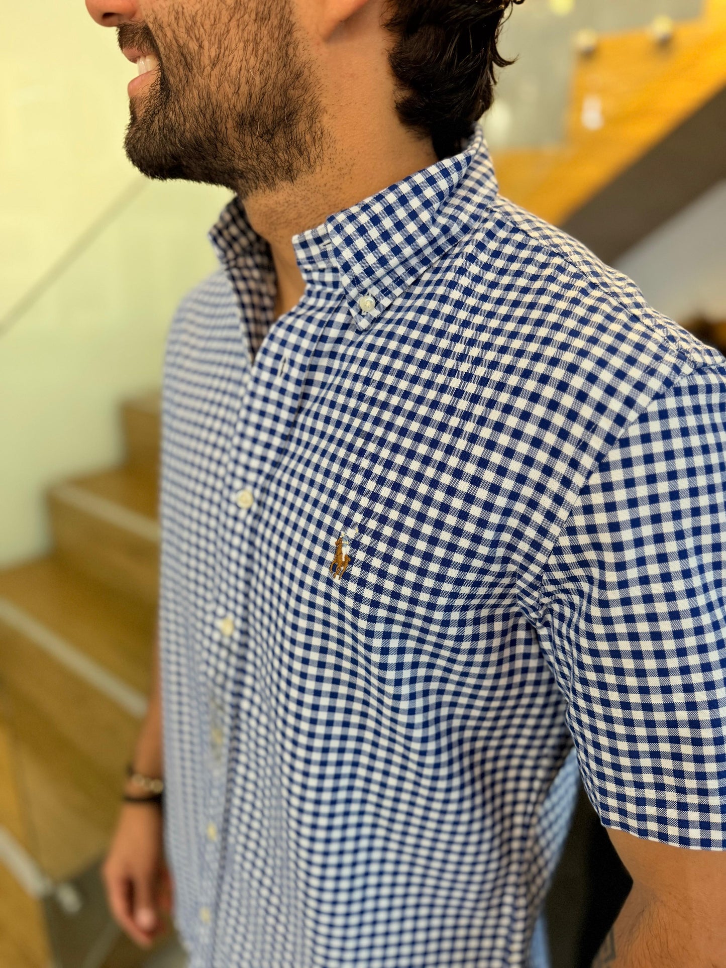 Camisa Polo R.L hombre Oxford Manga Corta Cuadros Azules Con Blanco Caballo Multicolor