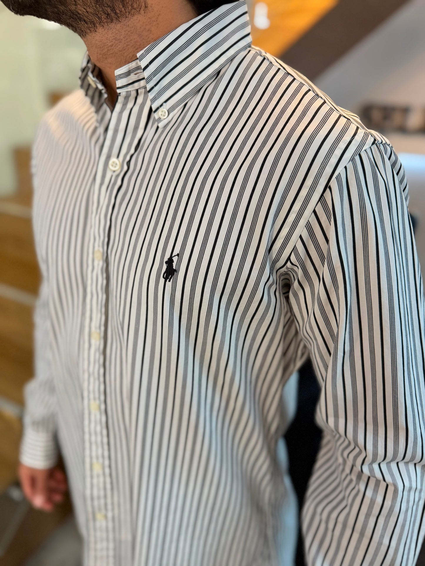Camisa Polo R.L hombre Algodón Custom Fit Rayas Blancas Con Negro Caballo Negro