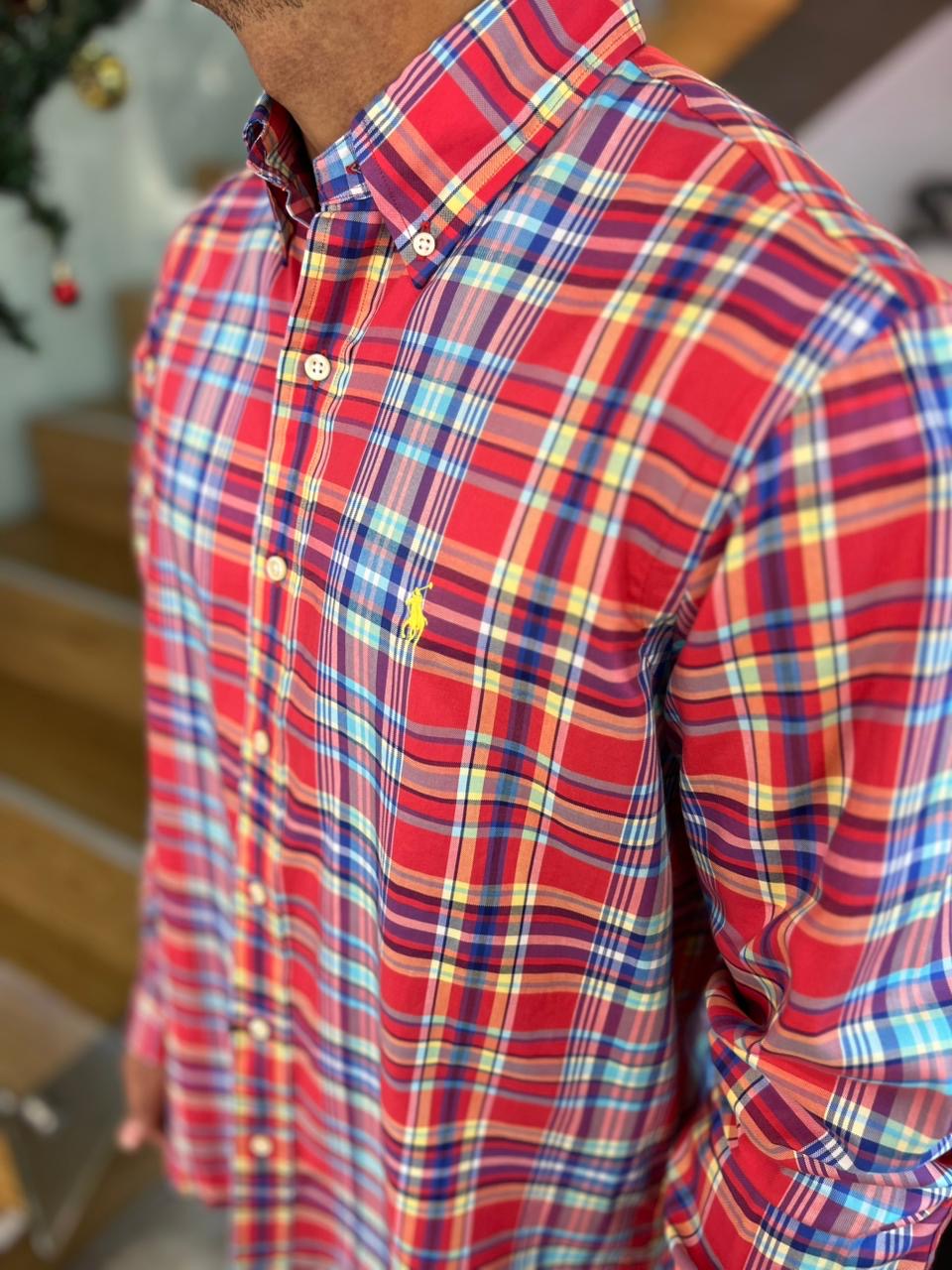 Camisa Polo R.L hombre Algodón Cuadros Rojos