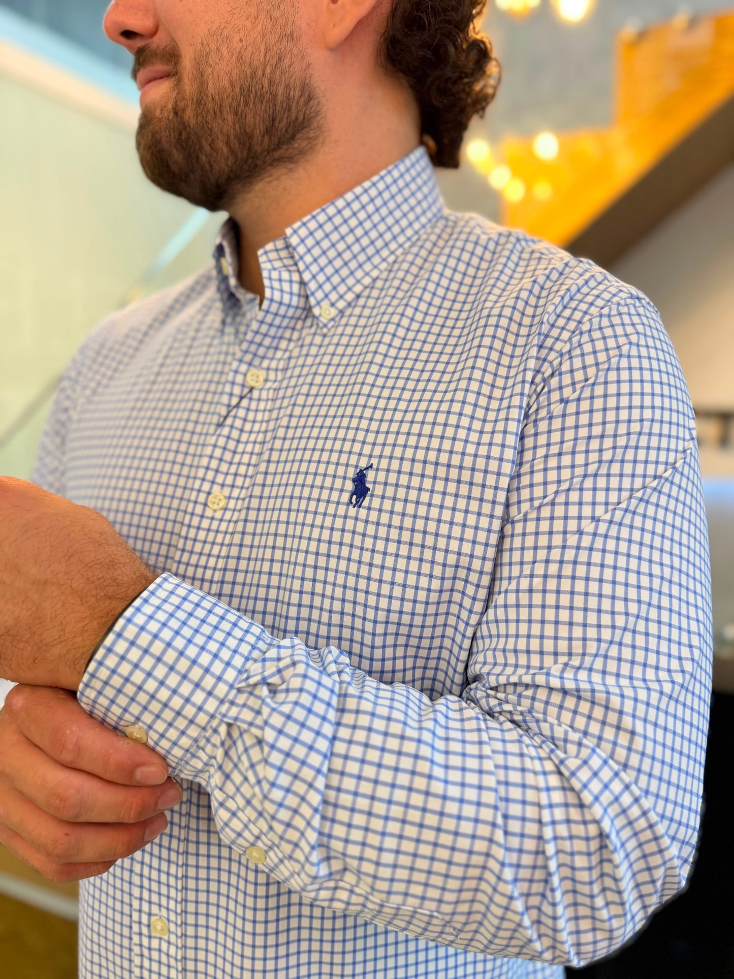 Camisa Polo R.L hombre Performance Cuadros Blancos Con Azul Caballo Azul