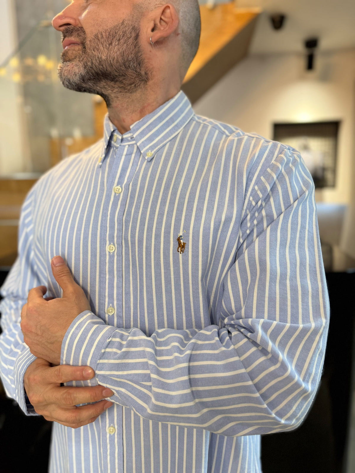 Camisa Polo R.L hombre Oxford Rayas Celestes Con Blanco Caballo Multicolor