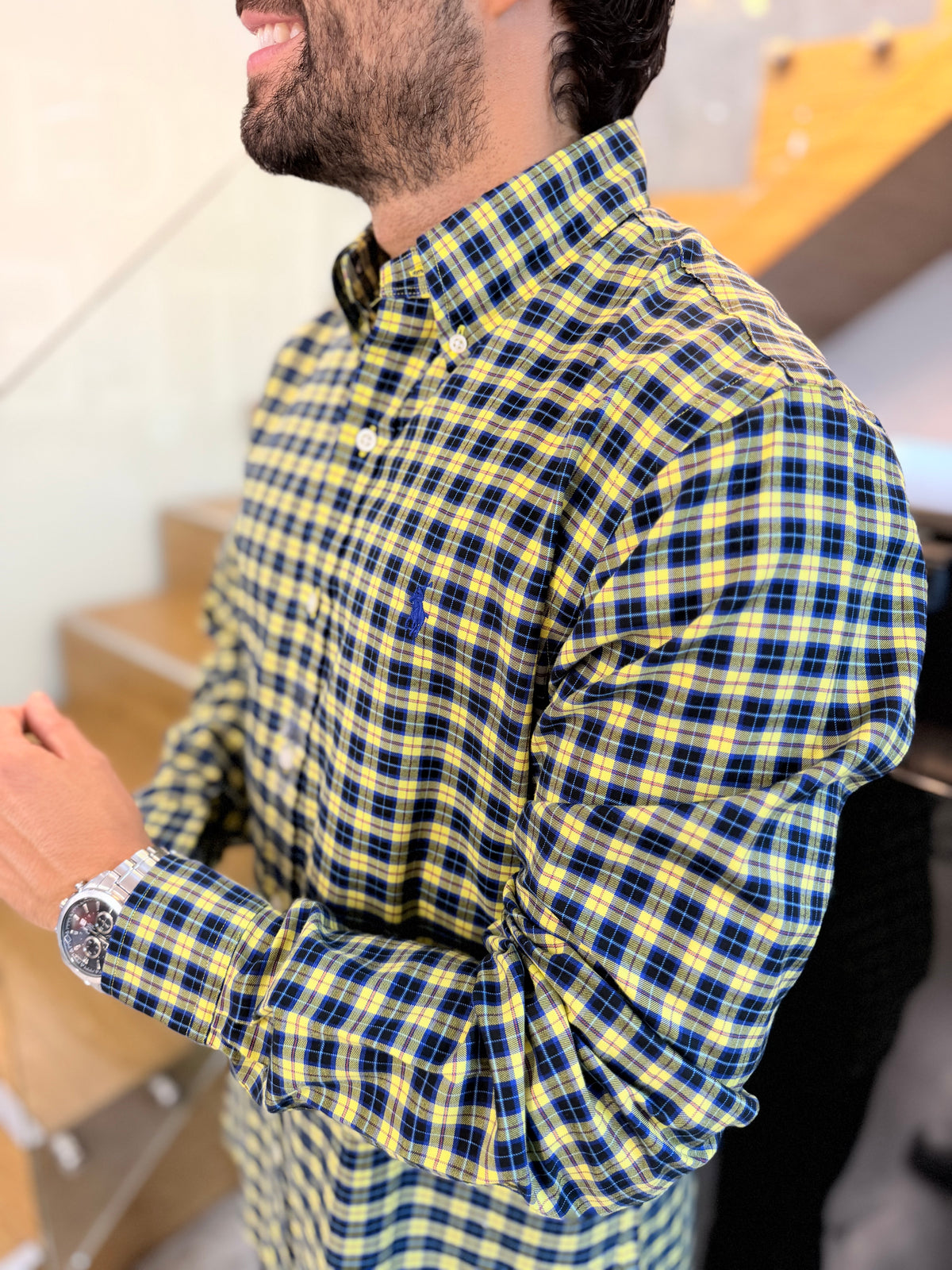 Camisa Polo R.L hombre Algodón Cuadros Azules Con Amarillo Caballo Azul
