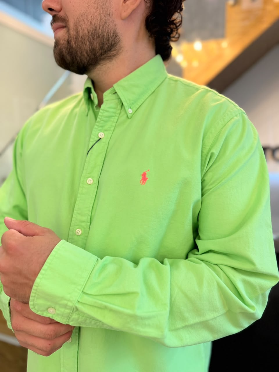 Camisa Polo R.L hombre Oxford Verde Limón Caballo Rosa Neón