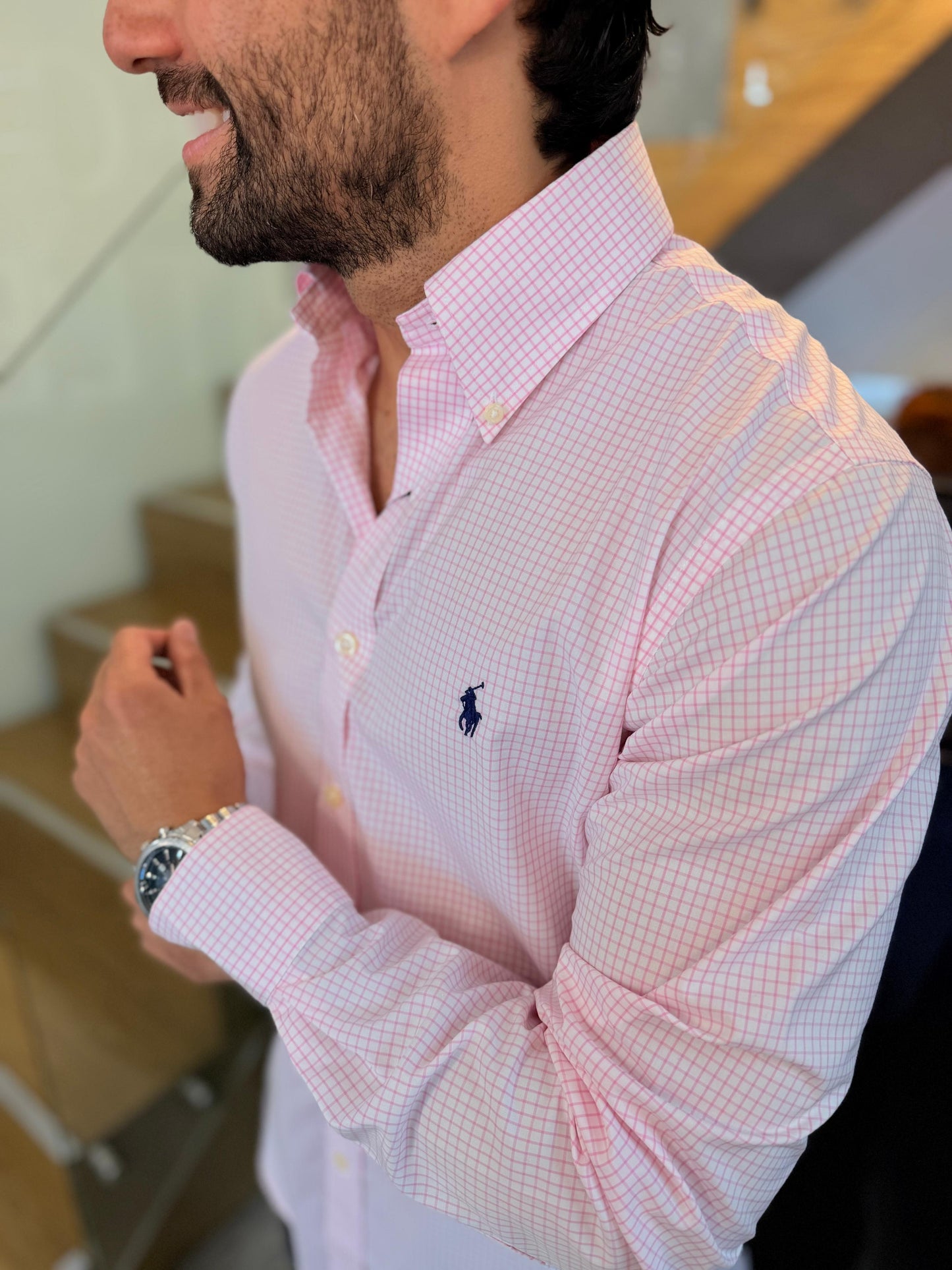 Camisa Polo R.L hombre Custom Fit Algodón Cuadros Blancos Con Rosado Caballo Azul