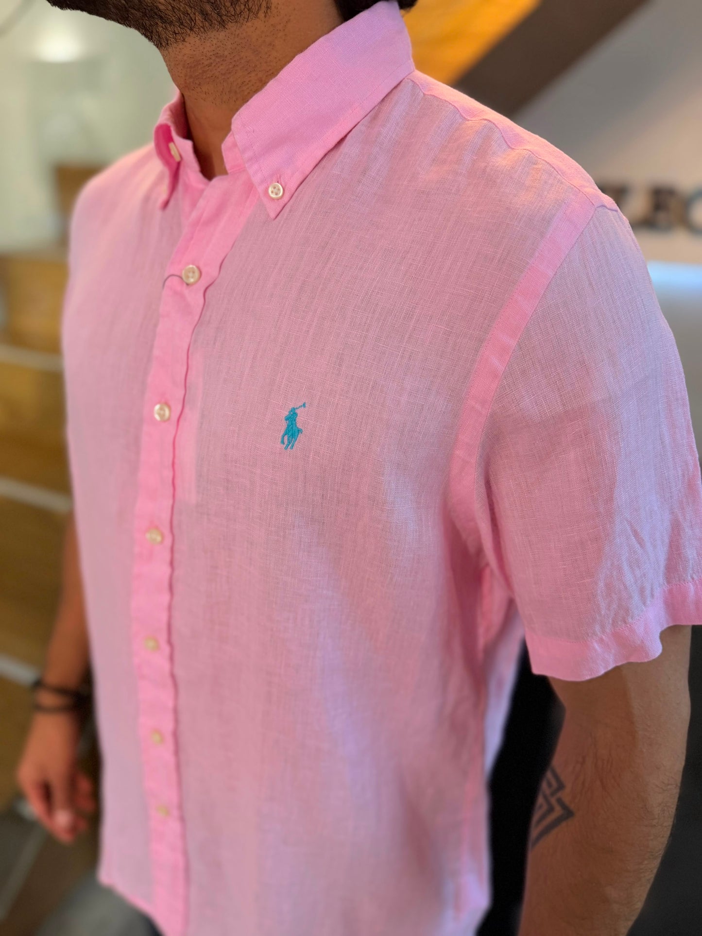 Camisa Polo R.L hombre Manga Corta Lino Rosada Caballo Celeste