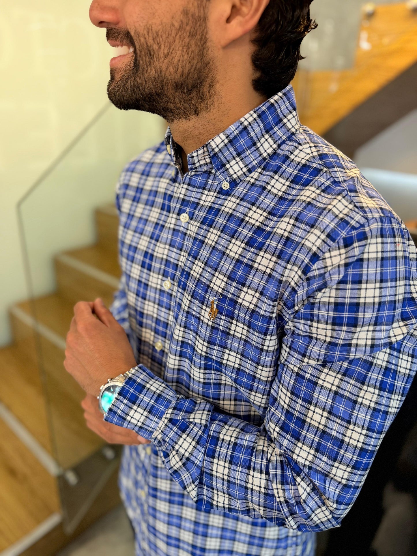Camisa Polo R.L hombre Oxford Cuadros Azules Caballo Multicolor