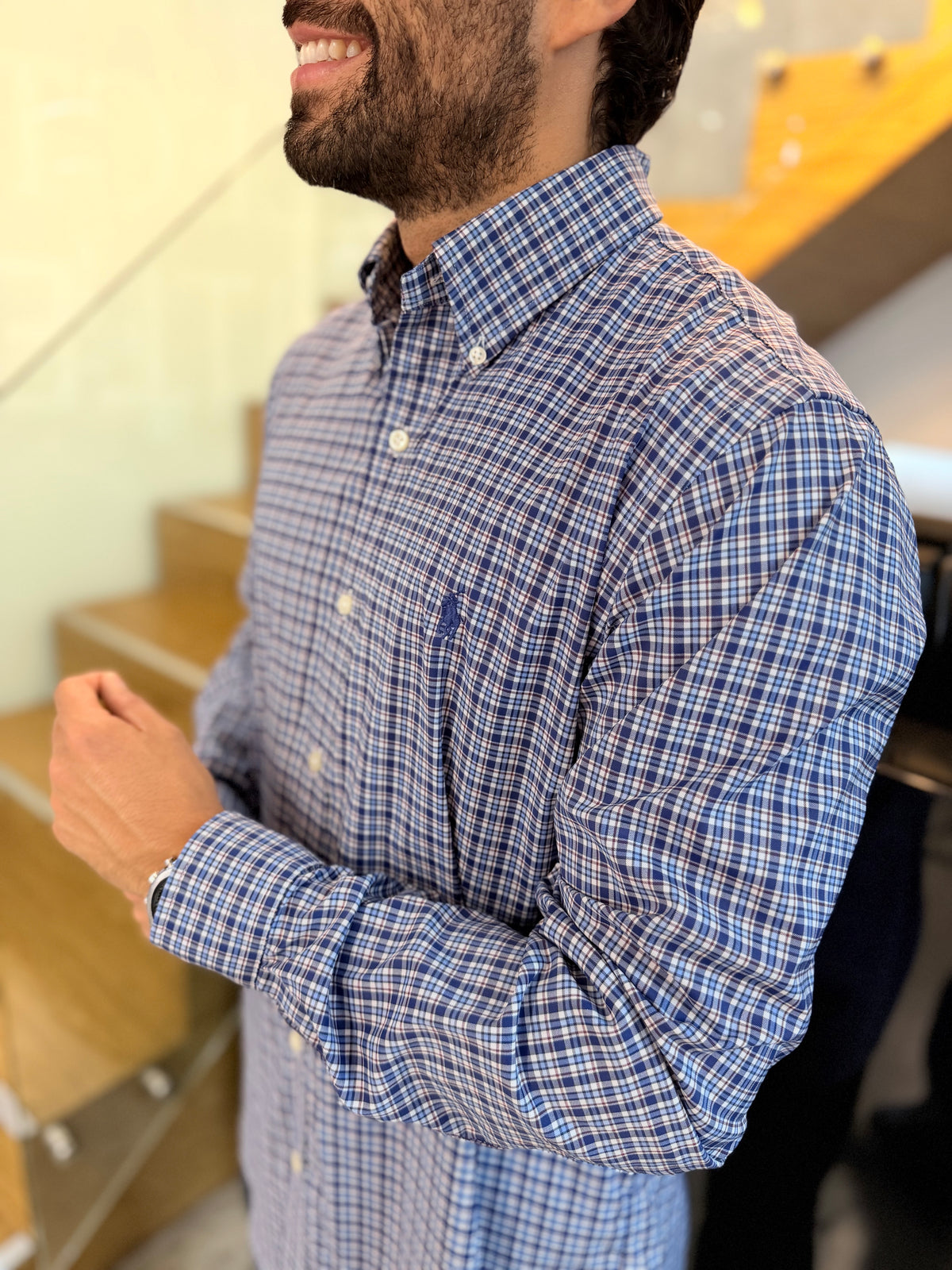 Camisa Polo R.L hombre Performance Cuadros Azules Oscuros Caballo Azul