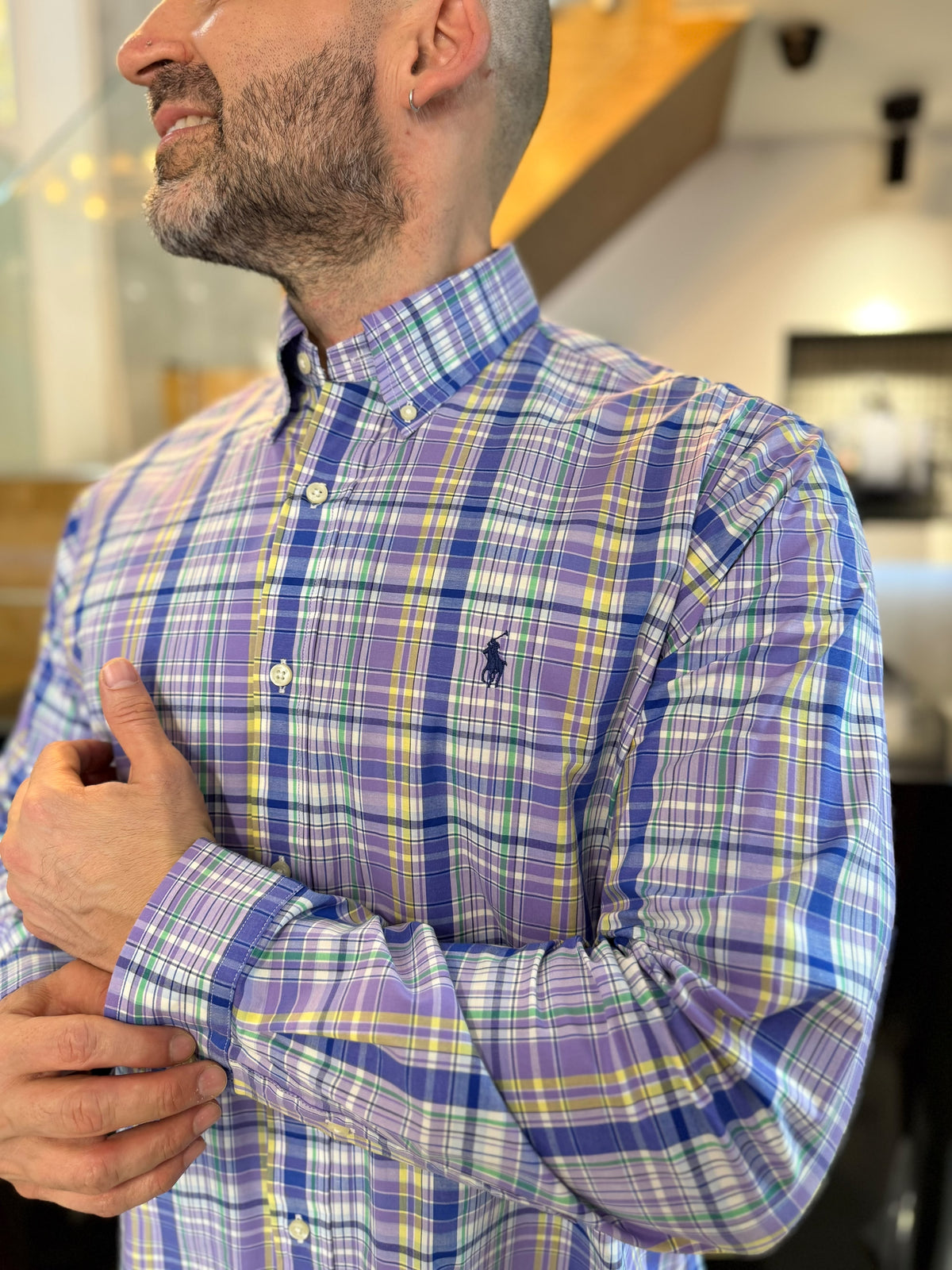 Camisa Polo R.L hombre Algodón Cuadros Lilas Con Azul Caballo Azul