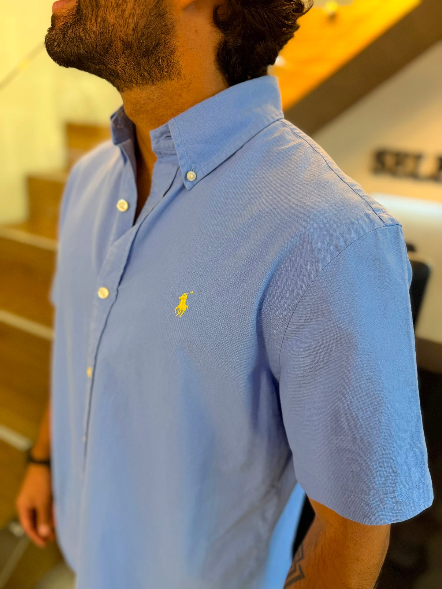 Camisa Polo R.L hombre Oxford Manga Corta Azul Cielo Caballo Amarillo