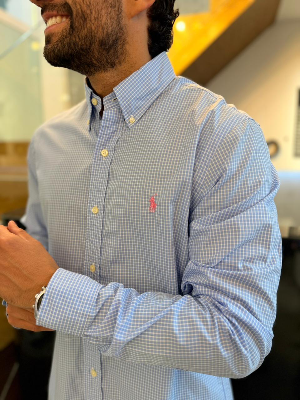 Camisa Polo R.L hombre Algodón Cuadros Azules Caballo Rosado