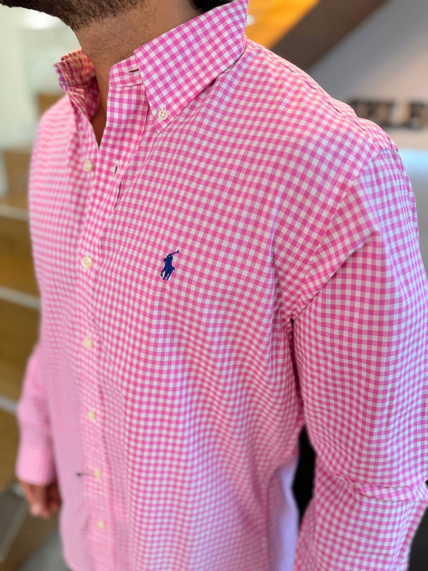 Camisa Polo R.L hombre Algodón Cuadros Rosados Con Blanco Caballo Azul