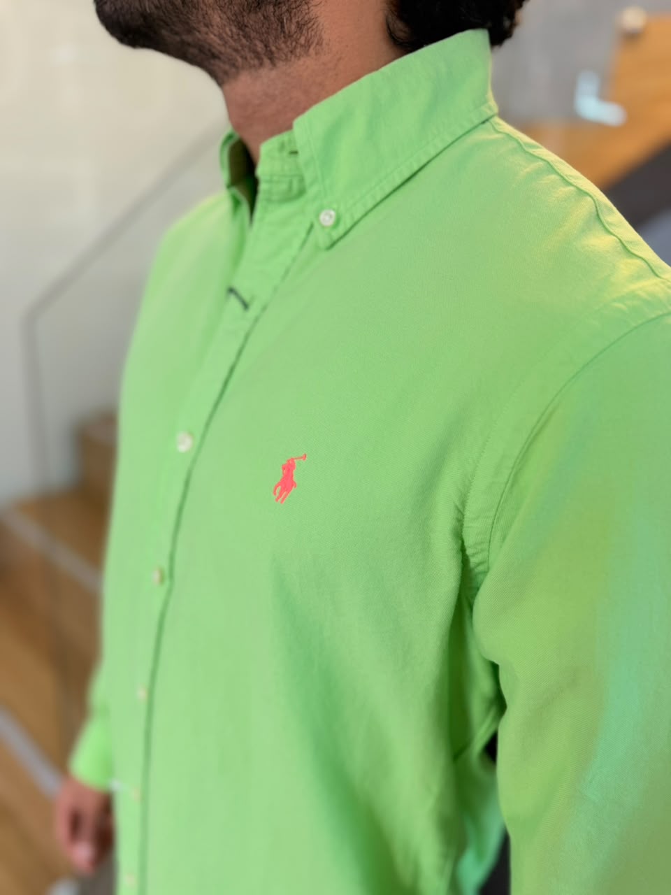 Camisa Polo R.L hombre Oxford Verde Limón Caballo Rosa Fluorescente