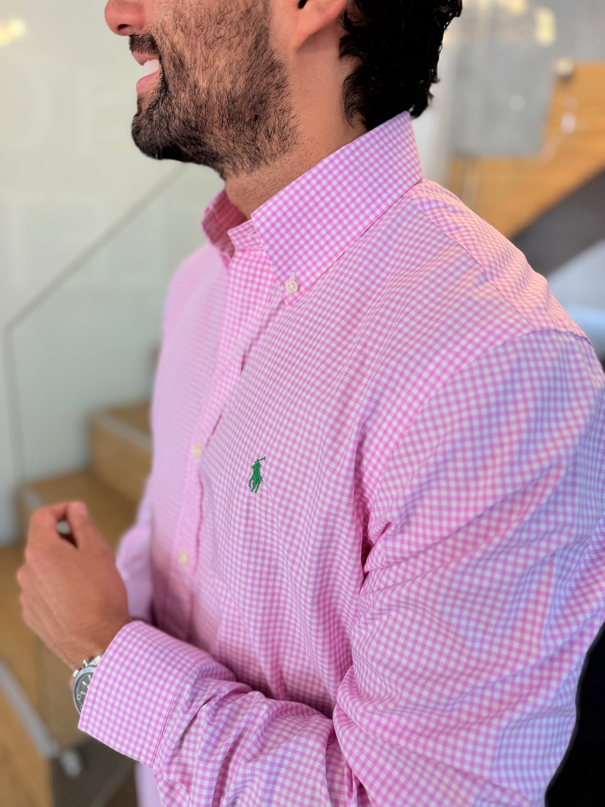 Camisa Polo R.L hombre Algodón Cuadros Rosados Con Blanco Caballo Verde