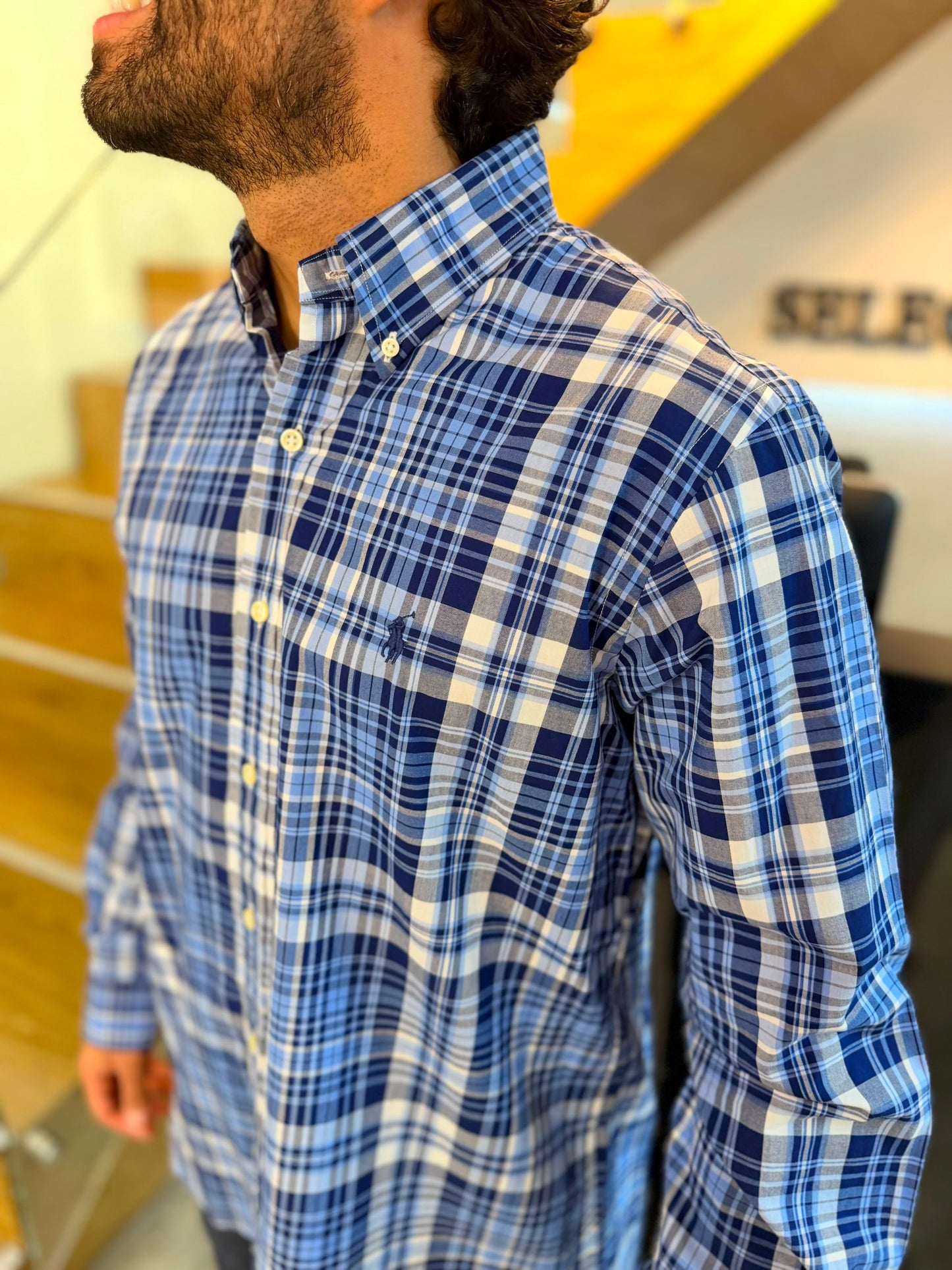 Camisa Polo R.L hombre Algodón Cuadros Azules Con Blanco Caballo Azul