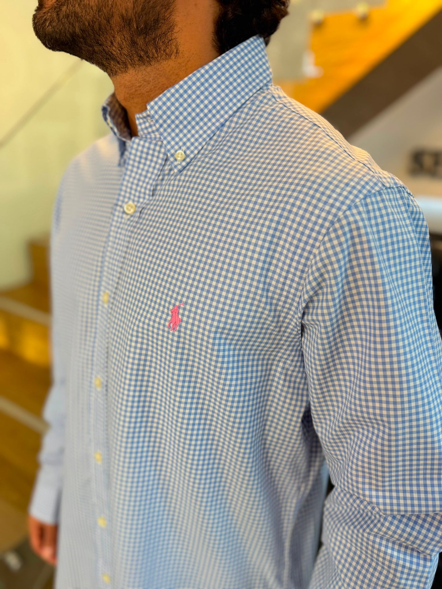Camisa Polo R.L hombre Algodón Cuadros Celestes Con Blanco Caballo Rosa