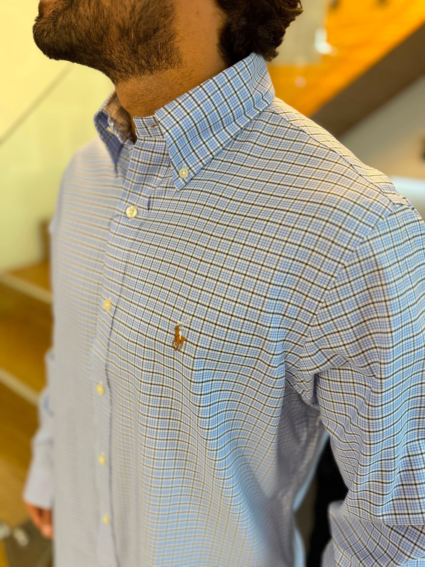 Camisa Polo R.L hombre Algodón Cuadros Celestes Con Negro Caballo Multicolor