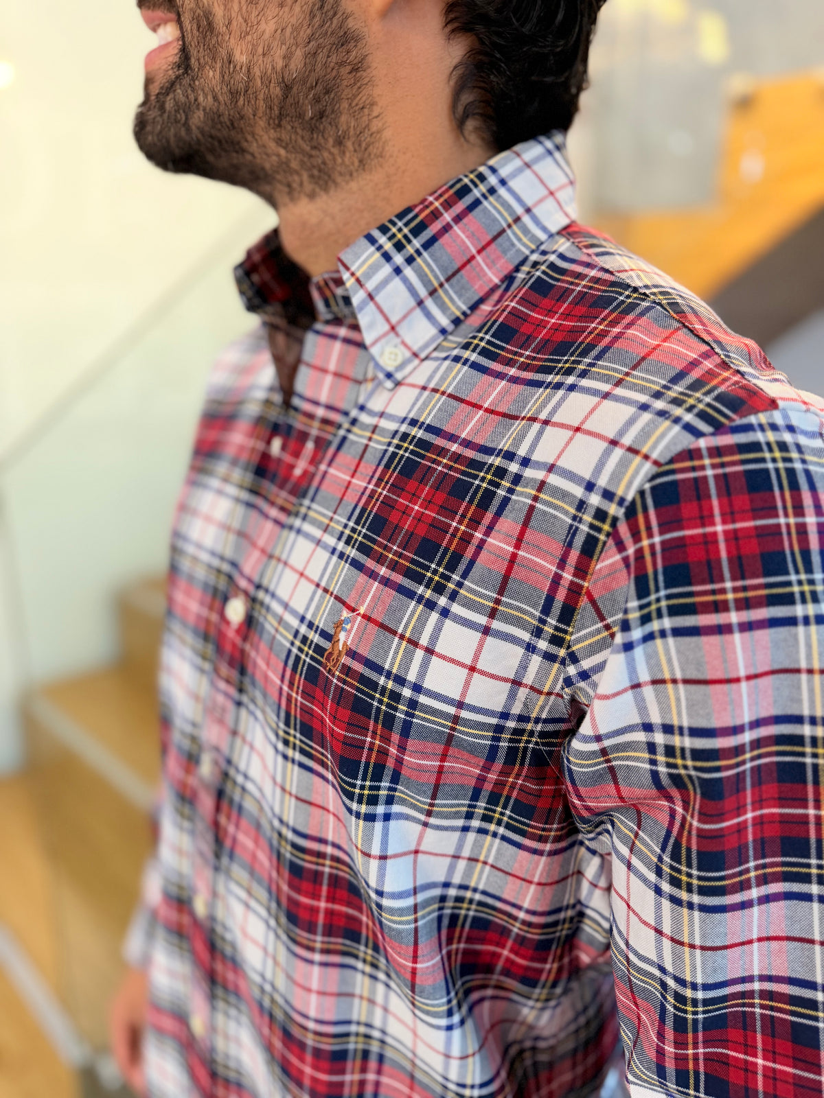 Camisa Polo R.L hombre Oxford Cuadros Rojos Con Blanco Caballo Multicolor