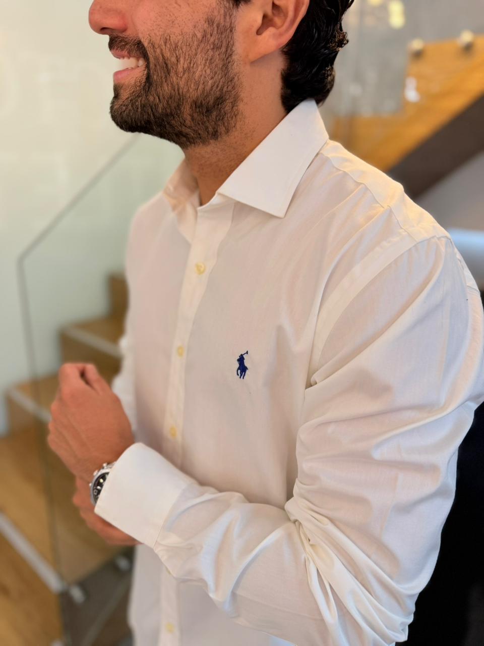 Camisa Polo R.L hombre Algodón Blanca Caballo Azul
