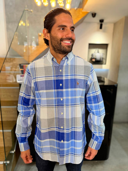 Camisa Polo R.L hombre Oxford Cuadros Azules Con Gris Caballo Multicolor
