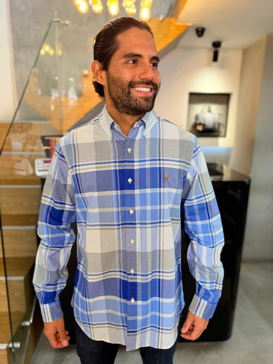 Camisa Polo R.L hombre Oxford Cuadros Azules Con Gris Caballo Multicolor