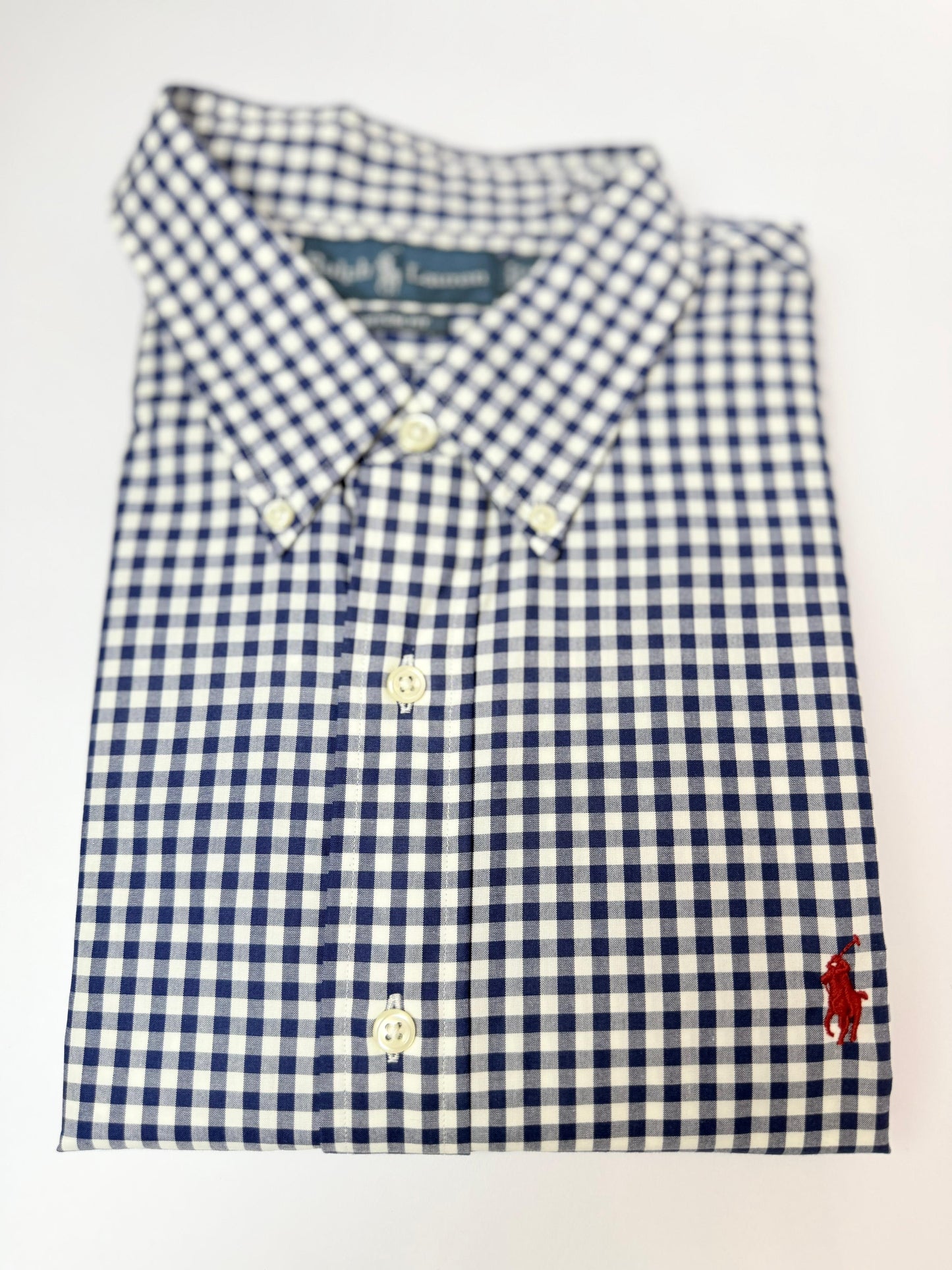 Camisa Polo R.L hombre Algodón Custom Fit Cuadros Azules Caballo Rojo