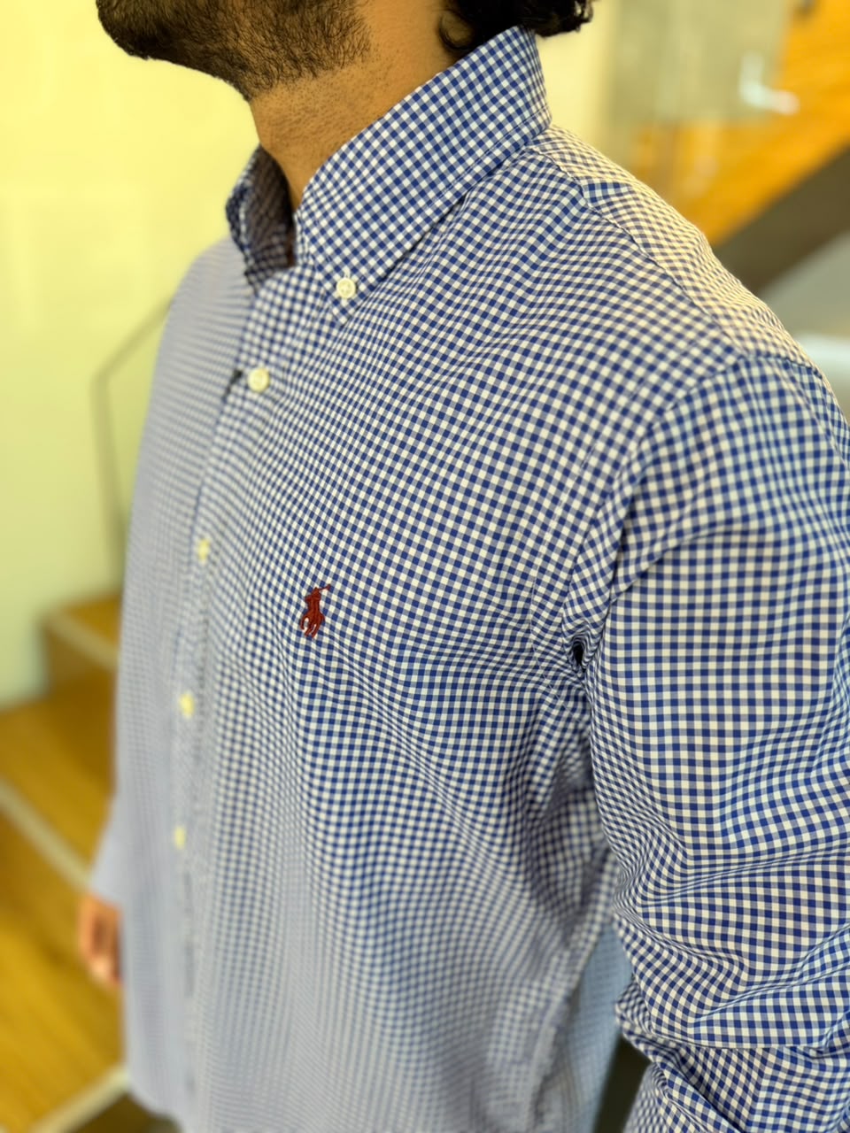 Camisa Polo R.L hombre Algodón Cuadros Blancos Con Azul Caballo Rojo