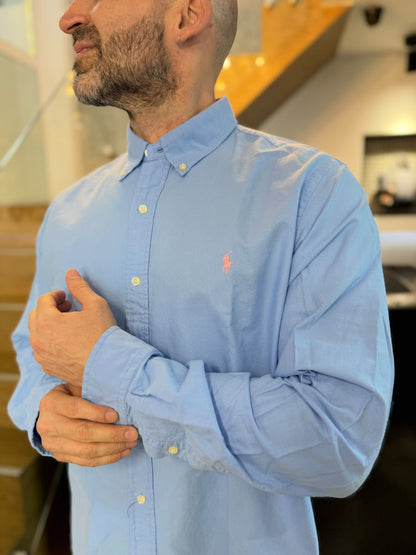 Camisa Polo R.L hombre Oxford Azul Cielo Caballo Rosado