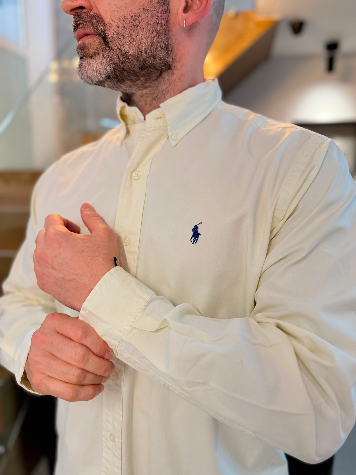 Camisa Polo R.L hombre Algodón Crema Caballo Azul
