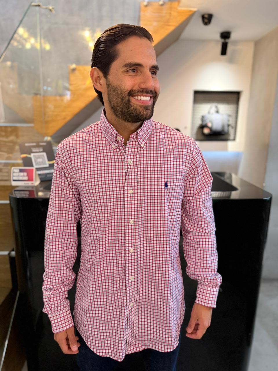 Camisa Polo R.L hombre Performance Cuadros Rosados Caballo Azul