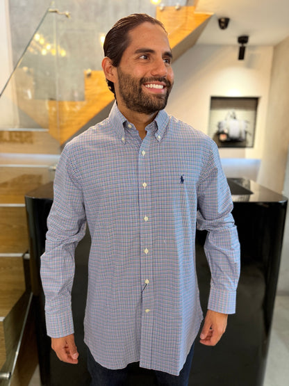 Camisa Polo R.L hombre Algodón Custom Fit Cuadros Caballo Azul
