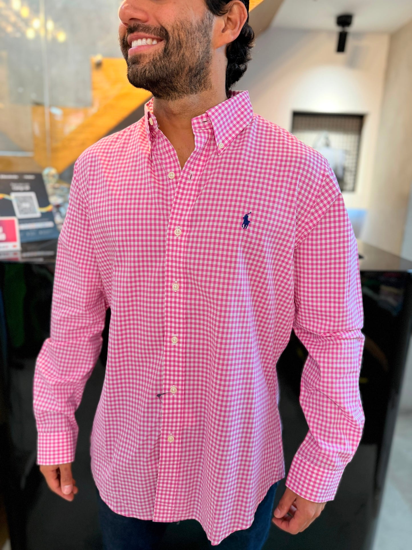 Camisa Polo R.L hombre Algodón Cuadros Rosados Con Blanco Caballo Azul
