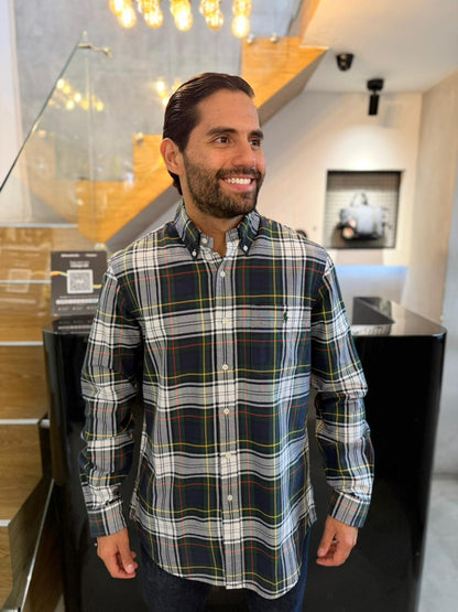 Camisa Polo R.L hombre Oxford Cuadros Verdes Bolsillo Caballo Verde